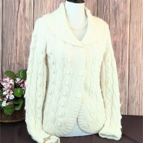 Vintage 80s Womens Popcorn Knit Cowl Neck Cardigan Angora & Lambs Wool Sweater - Picture 3 of 9